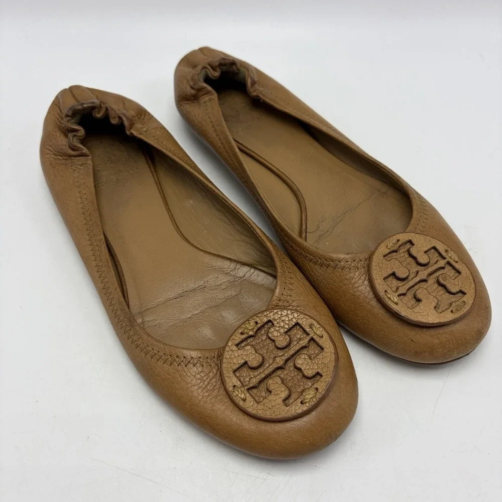 Tory Burch Reva Ballet Flats Womens 6 Royal Tan Slip On Designer Old Money Read